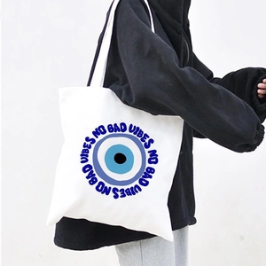 Evil Eye Canvas Tote Bag Large Capacity Aesthetic Hamsa Hand Printed Reusable Shopping Shoulder Handbag For Women