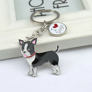 Boston Terrier enamel keychain with silver ring and I Love Dogs charm accessory