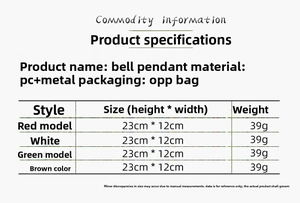 Detailed size chart for Christmas bell pendant showing dimensions and material specifications
