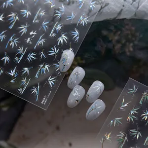 Macro detail of shell-lustre bamboo leaf nail stickers and finished art with to-5330 code