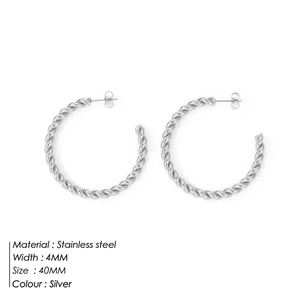 Polished silver stainless steel 40mm twisted hoop earrings in C-shape design