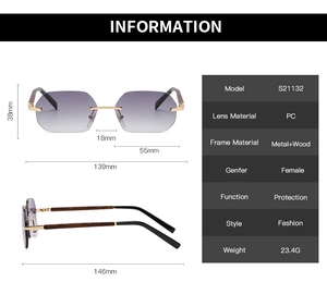 Detailed dimensions of rimless polygon sunglasses with gradient lenses and wood temples