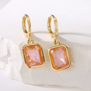 Elegant 18K gold plated drop earrings featuring rectangular pink zircon stones