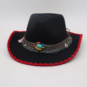 Ethnic style black wool felt fedora with turquoise beads and red crochet stitch edge