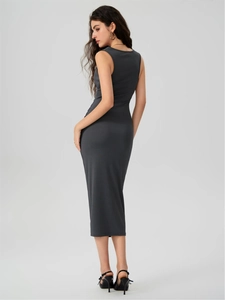Elegant charcoal grey sleeveless ribbed knit midi dress with slim fit and ruched waist