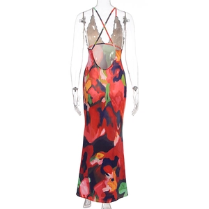 Detail view of lace splicing and crisscross open back design on floral printed maxi dress