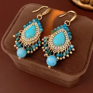 Boucles d'oreilles vintage en forme de goutte avec turquoises et perles bleues