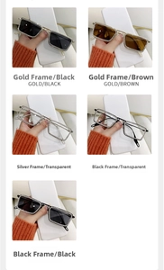 Detalle de gafas de sol rectangulares sin montura con pedrería en cinco colores variados
