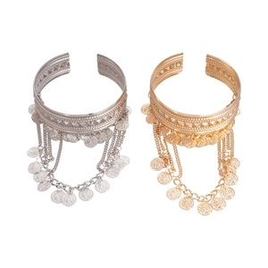 Bohemian gold and silver metal arm cuff with tassel coin pendants and vintage details