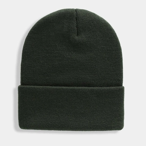 Detailed view of dark green knitted beanie with a classic ribbed texture and folded cuff