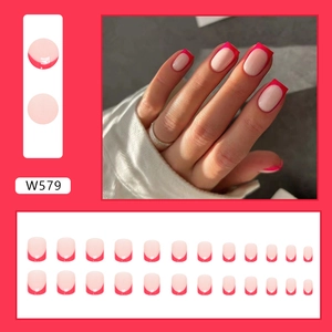 Short square red French press-on nails set with minimalist pink base and rose red tips
