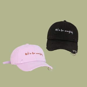 Distressed denim baseball caps with iron rings and Art is for everybody embroidery