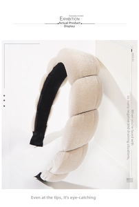 Detail of beige velvet bubble headband showing the thick textured fabric and non-slip lining