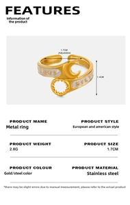 Detail view of gold-plated stainless steel ring with white enamel moon and forever engraving