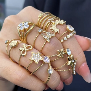 Gold Plated Stainless Steel Adjustable Rings With Zircon Star Moon Butterfly Cross Heart Fashion Jewelry For Women