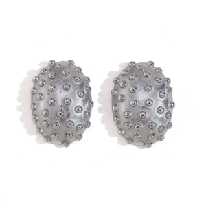 Oval stainless steel stud earrings with textured hedgehog pattern in metallic silver