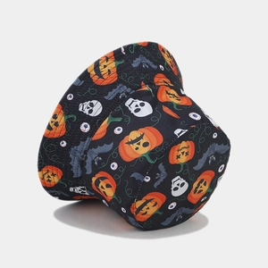 Reversible Halloween bucket hat with pumpkin, skull, and bat prints on black fabric