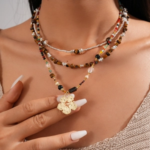 Tiger Eye Stone Beaded Necklace Copper Vintage Ethnic Flower Pendant Adjustable Jewelry For Women