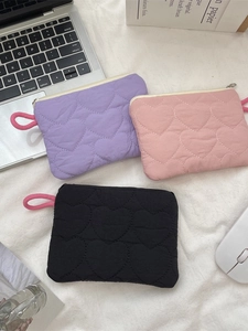 Quilted heart macaron mini coin purse in lavender, pink and black with lanyards