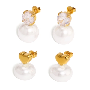 Boucles d'oreilles en acier inoxydable doré 18k avec perles et zircons, forme cœur
