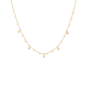 Detailed view of gold multi-layered titanium steel necklace with circular pendant accents