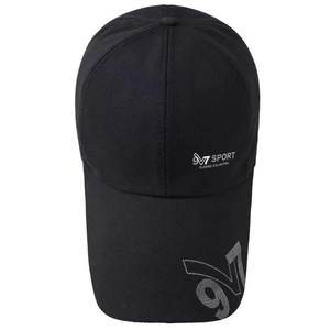 Detailed close-up of M7 SPORT and 97 printed logo on high-quality black canvas baseball cap