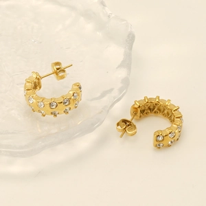 Luxurious 18K gold plated C-shaped earrings with double row sparkling zircons