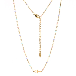 Detailed macro view of gold stainless steel Ankh necklace with colorful pastel macaron beads