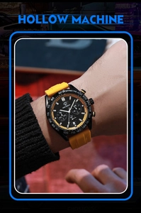 Close-up of sporty quartz watch featuring yellow silicone strap and black tachymeter bezel
