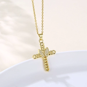 Collana Croce Pendente Farfalla Zircone Placcato Oro 18K Rame Acciaio Inossidabile Catena Corda Clavicola Gioielli Donna