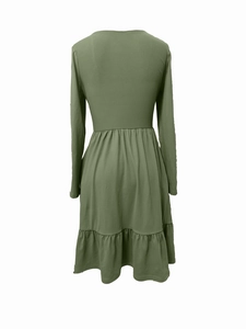 Olive green long sleeve A-line dress with ruffled hem and waist design back view