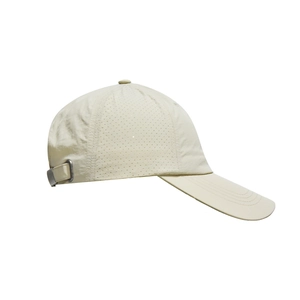 Detail view of breathable side mesh and adjustable metal buckle on beige baseball cap