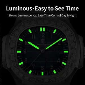 Luxury men's quartz watch with black luminous dial and diamond bezel in stainless steel