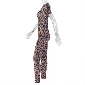 Detailed side view of leopard print short sleeve bodysuit on a mannequin stand