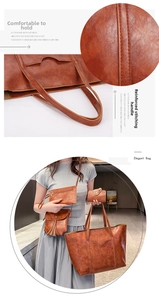 Detailed view of reinforced stitching on brown oil wax leather tote from a 4-piece set