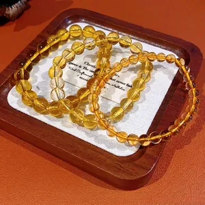Citrine Crystal Bead Bracelet Retro Elegant Yellow Round Stone Stretch Jewelry For Women Light Luxury Fashion