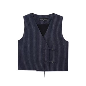 Navy blue pinstripe linen blend vest with white stripes and double button closure