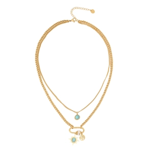 Double-layered gold stainless steel necklace with turquoise charms and tree of life pendant