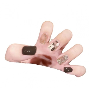 Handmade champagne latte press-on nails in coffee brown and amber glitter style