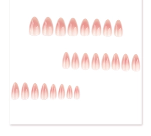 Macro view of 24pcs glossy almond press-on nails with nude pink gradient blush effect
