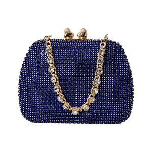 Blue rhinestone evening clutch bag with heart clasp and crystal gold chain strap