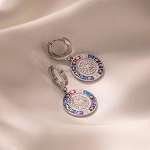 Bohemian silver titanium earrings with zodiac signs and sun pattern on silk