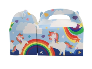 Blue unicorn party favor boxes with rainbow and stars, perspective of the gift handle box