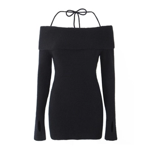 Ribbed Knit Off-Shoulder Halter Mini Dress Long Sleeve With Thumbholes Slim Fit Polyester Acrylic Solid Color Women