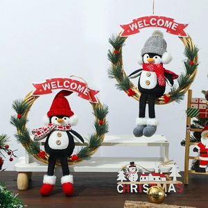 Christmas Penguin Wreath Rattan Ring Welcome Sign Plush Doll Artificial Pine Berry Festive Door Hanging Home Ornament