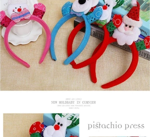 Detail showing plush Christmas headbands with snowman and Santa Claus designs in various colors