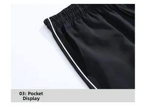 Detail of side pocket and white stripes on black ice silk straight-leg trousers