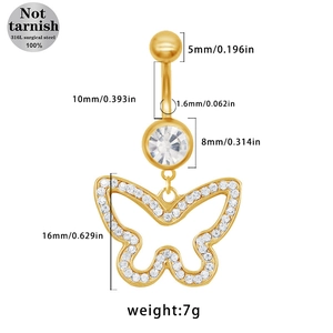 Detailed view of 316L surgical steel gold navel ring with crystal bow and dimensions