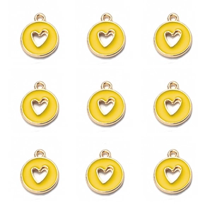 Nine yellow enamel heart pendants for DIY jewelry making displayed on a white background