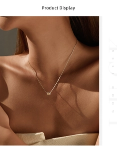 Detail of s925 silver necklace with champagne moissanite pendant on model neck